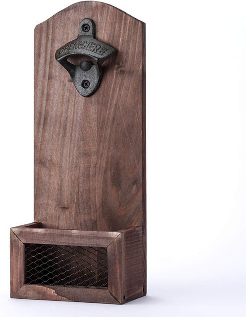 Vintage Wooden Wall Mounted Bottle Opener with Cap Collector Catcher, Ideal Gift for Beer Lovers