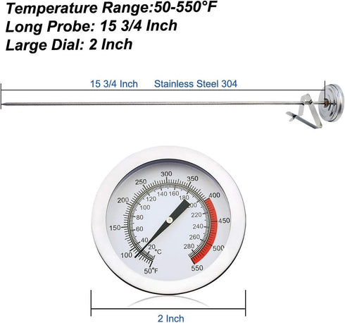 Efeng15“ Long cooking thermometer for oil or candy (2 Pack) with Pot Clip, 2" Dial Instant Read Turkey/Candy/Oil Thermometer for Frying,Cooking of Tall pots,Beef,Meat by Efeng