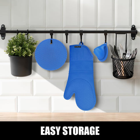 Rorecay Extra Long Oven Mitts and Pot Holders Set, Heat Resistant Silicone Oven Mittens for Kitchen Baking (Lake Blue)