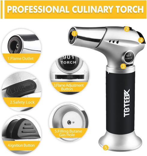 TBTEEK Butane Torch - Kitchen Cooking Torch with Safety Lock & Adjustable Flame for BBQ, Baking, Brulee, DIY Soldering
