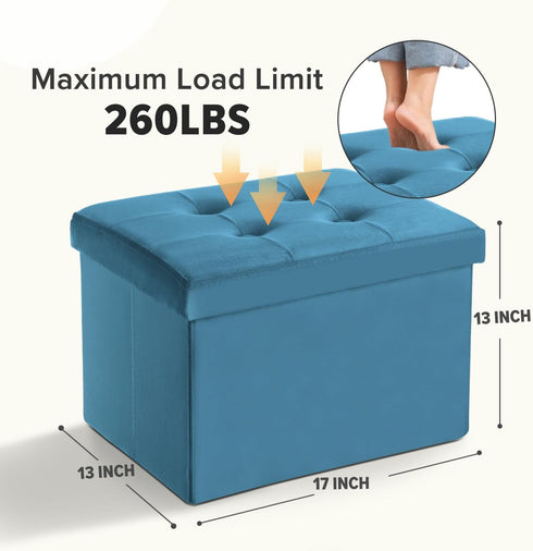 17x13x13in(Blue) LINMAGCO Storage Ottoman Folding Foot Stool Velvet Foot Rest with Padded Modern Ottoman with Storage