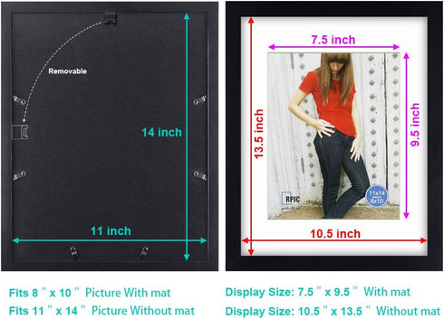 RPJC 11 x 14 Picture Frames - Solid Wood with High Definition Glass, Display 8x10 with Mat or 11x14 Without Mat