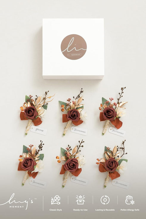 Ling's Moment 6pcs Boutonniere for Men, Artificial Flowers for Wedding Decor, Prom, Homecoming, Terracotta Orange