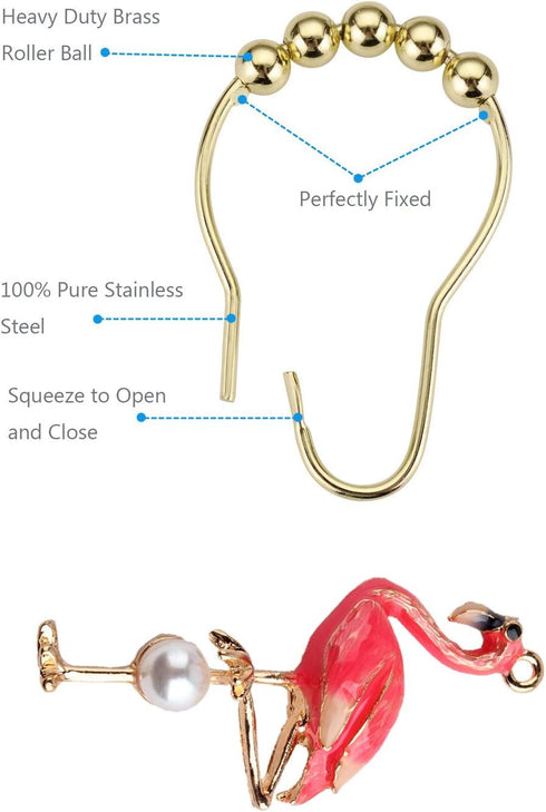 Set of 12 Flamingo Shower Curtain Hooks, Decorative Stainless Steel Rustproof Rings for Bathroom