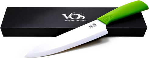 Vos Ceramic Chef Knife, 8 Inch with Protection Cover, Lightweight Zirconia Blade, Green