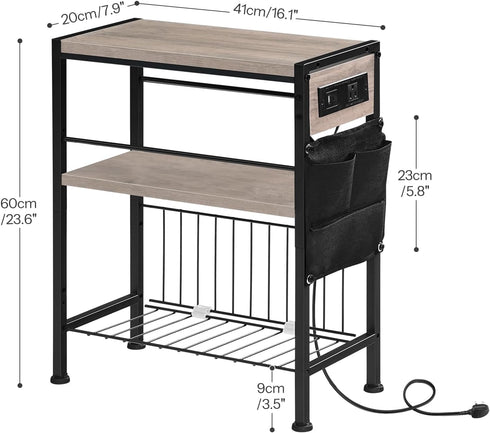 3-Tier BG412UBZ01 HOOBRO End Table with Charging Station, Small Side Table with Magazine Holder, Nightstand Bedside