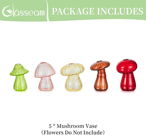 Set 5 Glasseam Mushroom Plant Propagation Stations: Cute Glass Terrarium Jar Propagation Vase of Hydroponic Planters