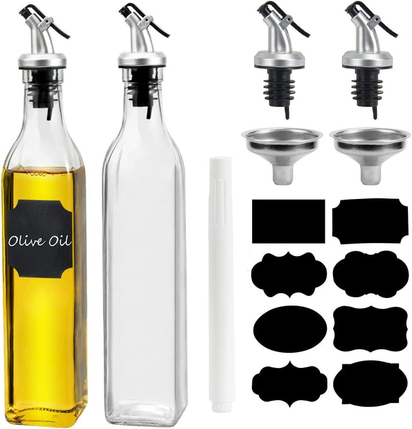 WERTIOO Olive Oil Dispenser Bottle, 2 Pack 17oz Clear Oil and Vinegar Set with Spout, Funnel & Labels