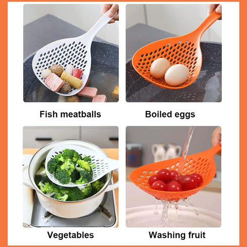 2 Pieces Slotted Strainer Scoop Colander, Plastic Skimmer Spoon with Handle for Kitchen Cooking, White and Orange