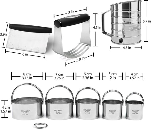 3 Donuts(4 Pcs/Set) HULISEN Pastry Cutter, Dough Blender, Cup Flour Sifter and Biscuit Cutter, Stainless Steel Dough