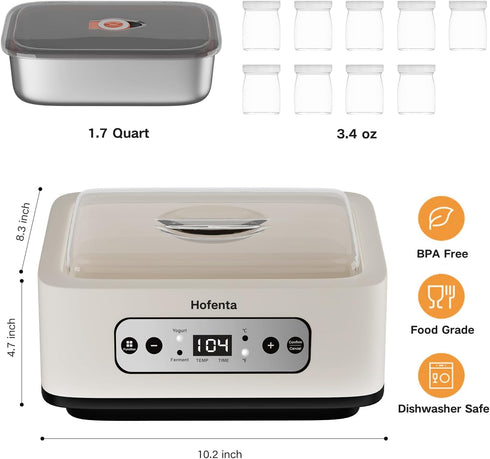 Hofenta 1.7 9 Quart Yogurt Maker with Stainless Steel Bowl, Glass Jars, Digital Timer, Temperature Control, BPA-Free