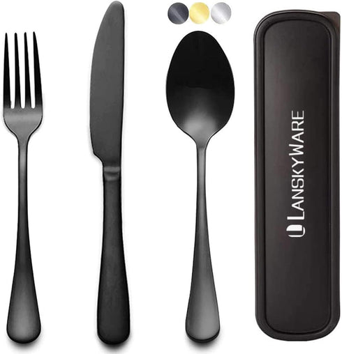 Portable Travel Utensils Set, 3 PCS Reusable Stainless Steel Cutlery Set with Case for Lunch Box, Camping
