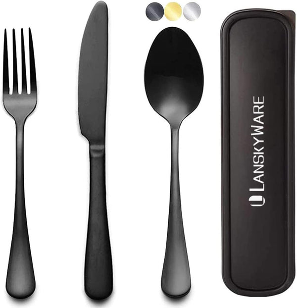 Portable Travel Utensils Set, 3 PCS Reusable Stainless Steel Cutlery Set with Case for Lunch Box, Camping
