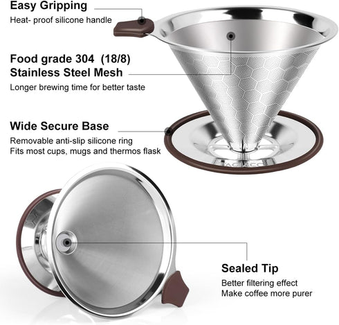Pour Over Coffee Dripper, Professional Stainless Steel Filter, Paperless Reusable with Spoon and Silicone Tray
