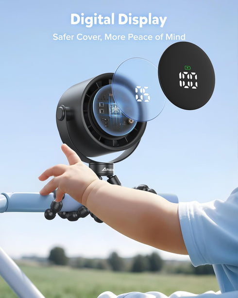 17H 5 360Rotate AMACOOL Baby Stroller Fan, Rechargeable Portable Clip on Fan, Cooling with Speeds, LED Display