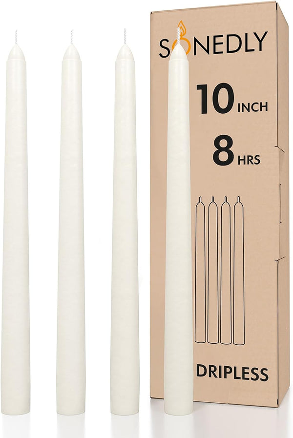 10 Inch Taper Candle 4 Pack, Unscented Hand-Dipped Long Burning Dripless Ivory Candles for Home Interior