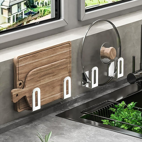 Self Adhesive Stainless Steel Pantry Organization Rack for Cutting Board Storage, Pot Lid Holder