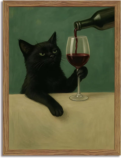 Funny Black Cat Wall Art 8x10 Inch Moody Black Cat with Wine