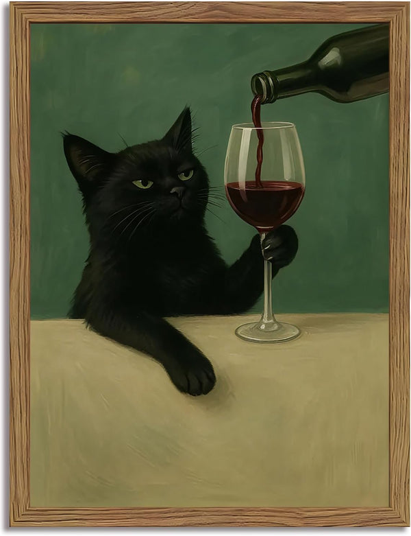 Funny Black Cat Wall Art 8x10 Inch Moody Black Cat with Wine