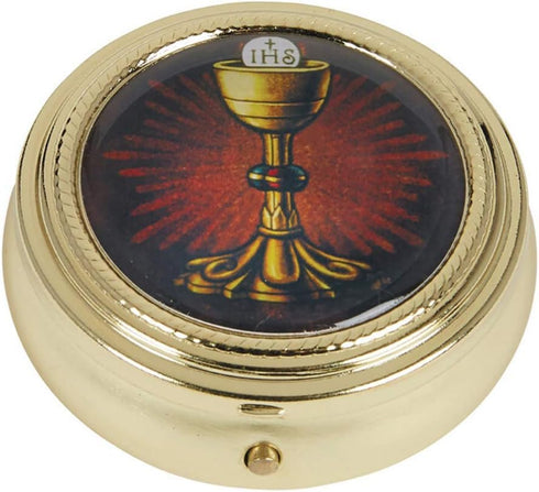 Gold Tone IHS Chalice and Host Communion PYX with Epoxy Lid - 2 1/4 Inch