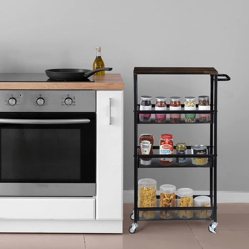 4 NANANARDOSO Tier Slim Storage Cart, Shelving Unit for Small Space, Rolling Storage Cart with Wooden Top and Metal
