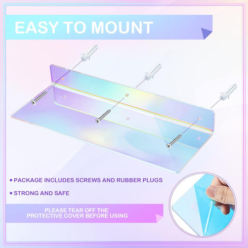 Maitys (2 Rainbow Iridescent Acrylic Shelves Floating Wall Ledge Bookshelf Wall Mounted Shelf Display Organizer
