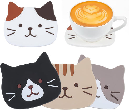 Tyqour 4Pcs Funny Cat Coasters for Drinks, Cute Cat Cup Holder, Silicone Small