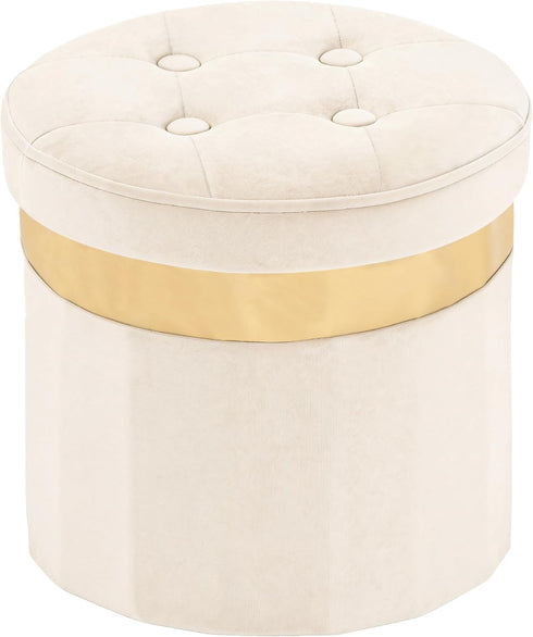 xuperbonus Small Ottoman with Storage,Folding Round Ottoman with Gold Trim,Velvet Storage Stool,Foot