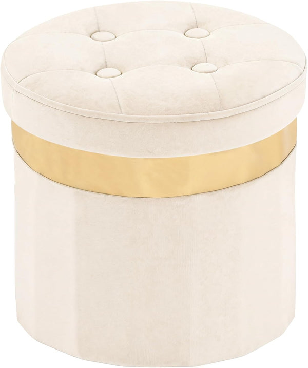 xuperbonus Small Ottoman with Storage,Folding Round Ottoman with Gold Trim,Velvet Storage Stool,Foot