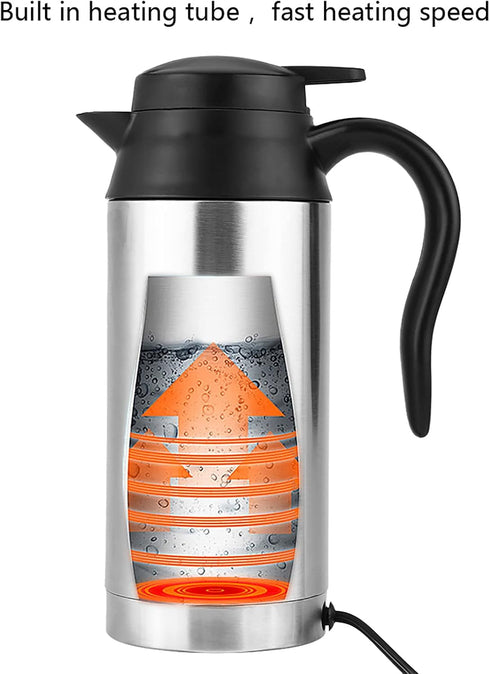 Car Electric Kettle, 750ml 120W 12V Stainless Steel Heating Kettle for Most 12V Power Source Cars