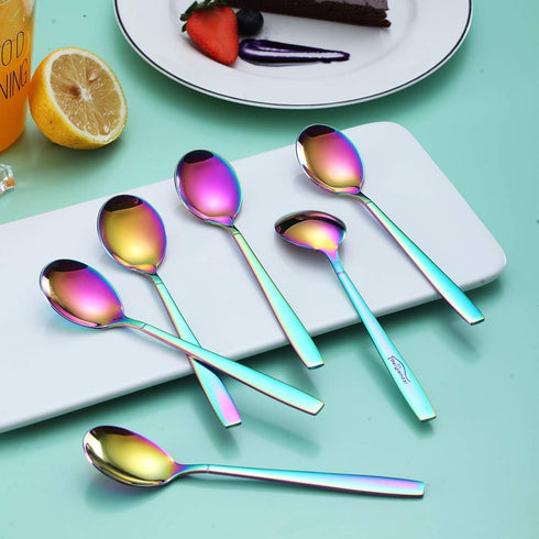 Berglander Rainbow Teaspoon, Stainless Steel Dessert Spoon with Colorful Titanium Plating, 6.5 Inches, Pack of 6