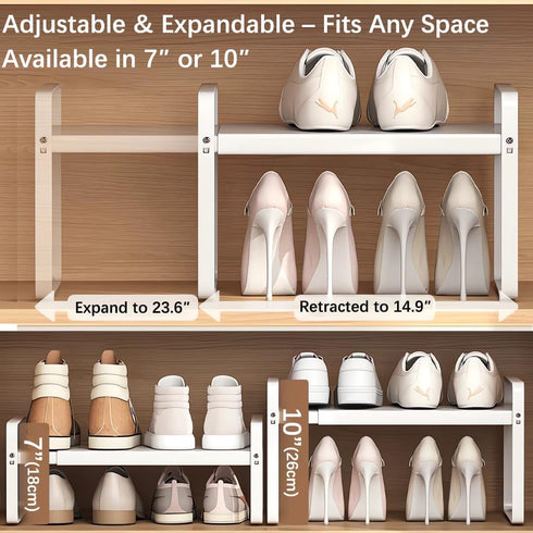 1-Tier (H:10"), 14.9"-23.6", Closet, Pack Expandable Metal Shoe Rack Adjustable Width Heavy-Duty Free-Standing Shoe