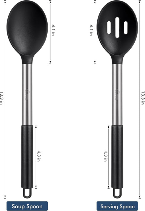 HOTEC Heat Resistant Large Silicone Cooking Spoon, Solid Slotted Spoons, Nonstick Kitchen Cookware Utensils, Mixing, Serving, Stiring Large Spoons, Black