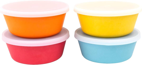 WeeSprout Bamboo Kids Bowls with Lids, Set of Four 10 oz, Dishwasher Safe Bamboo Bowls for Leftovers (Blue, Yellow,