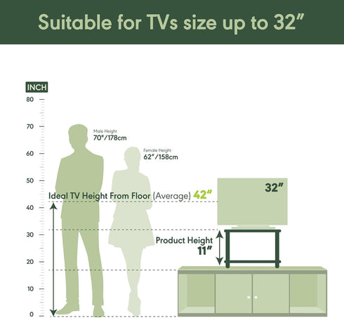2-Tier 32 inch, 15.8 23.8 11, Furinno TURN-N-TUBE TV Riser Stand, Small Elevated No Tools TV Stand, TV Console for TV