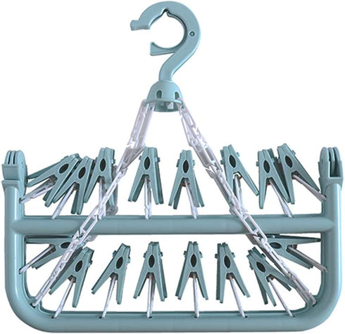 Clothes Drying Hanger with 32 Clips, Drip Foldable Hanging Rack (Light Blue)