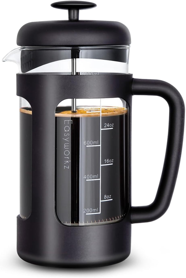 Easyworkz French Press 34 oz Coffee Tea Maker with Borosilicate Glass, Soft Grip Handle
