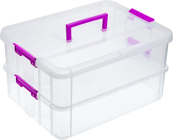 JUXYES 2-Tiers Stack Carry Storage Box, Transparent Stackable Storage Bin with Handle for School Office