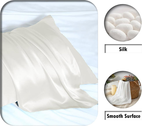 Silk Pillow Cases Set of 2 - Soft Breathable King Size Natural Mulberry Satin Silk Pillowcase with Hidden Zipper, Ivory