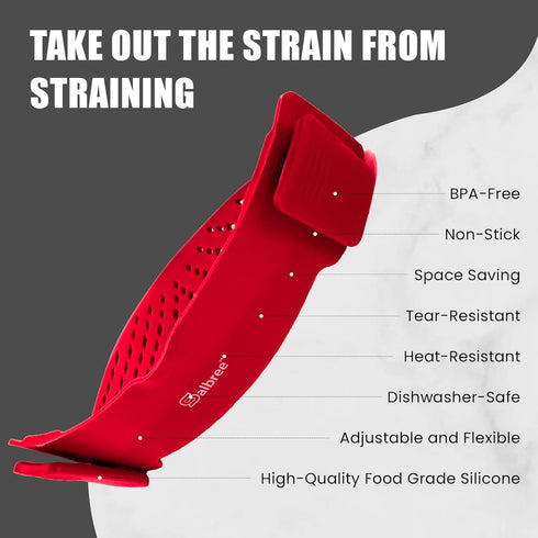 Clip On Kitchen Food Strainer for Spaghetti, Meat, Pasta, & Ground Beef Grease - Includes Silicone Drainer, Brush &