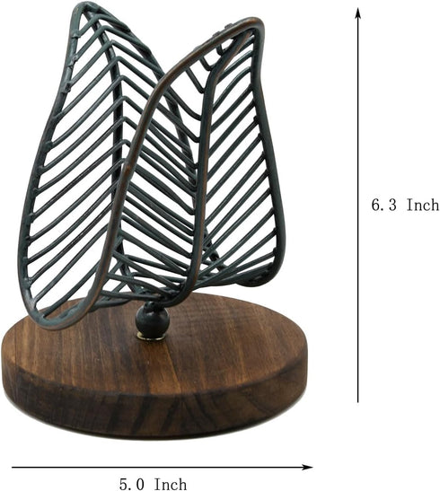 OwlGift Freestanding Modern Napkin Holder, Golden Turquoise Wrought Iron Leaf & Brown Wooden Base Design, Tissue