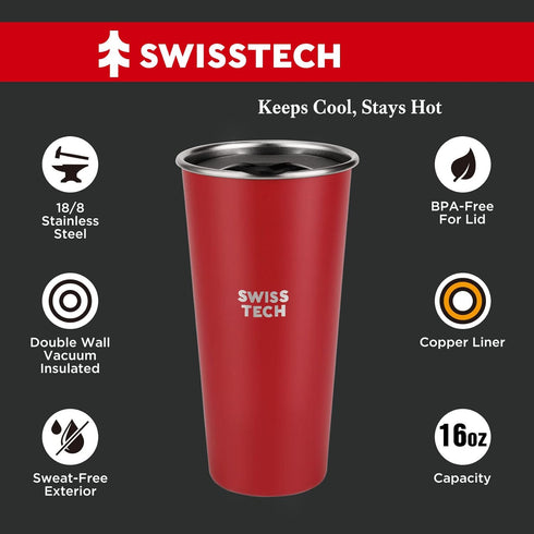 Swiss+Tech 16oz Stainless Steel Cups, 2 Pack Double Wall Pint Glasses, Insulated Tumbler with Lid (Red&White)
