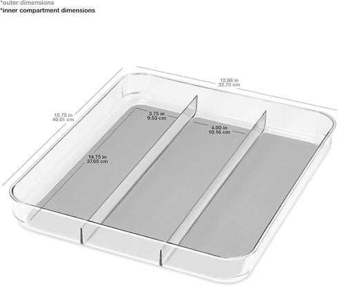 madesmart Large Utensil Tray - Light Grey, 3-compartment, Soft Grip Collection, Non-slip Feet, BPA-free