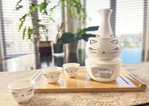 Roksol Chef 10pcs Set 1 1 1 1 6 Ceramic Sake Cups with Warmer Pot Bamboo Tray, Traditional Porcelain Pottery Hot Saki