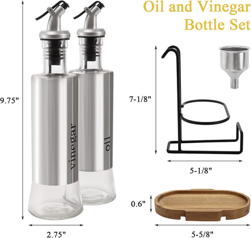 2 Pack Set 10OZ Tebery Olive Oil and Vinegar Bottle with Rack and Wooden Base, Olive Dispenser Glass Cooking Oil Cruet