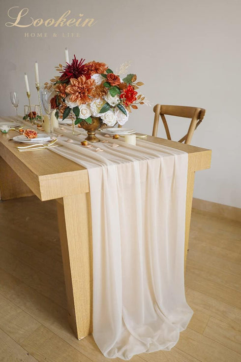 Lookein 10 Feet Champagne Chiffon Table Runner, 29x120 Inches Rustic Wedding Decorations