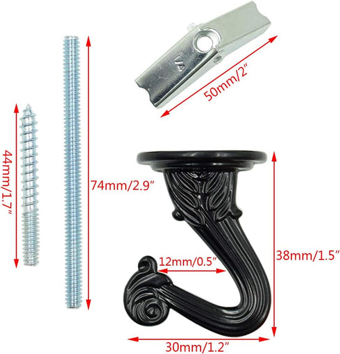 Hxchen 38mm/1.5" Heavy Duty Ceiling Hooks - Swag Hook with Steel Screws for Hanging Plants, Black (2 Sets)