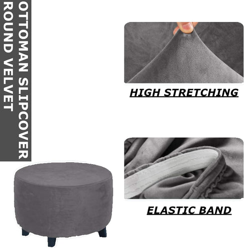 GAMUKAI Round Ottoman Slipcover Stretchable Footstool Cover with Elastic Bottom | Plush Velvet Fabric | Fits Storage
