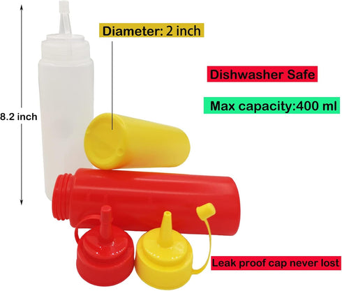 CONDRA FIELD Condiment Sauces Squeeze Bottles, 3Pcs-13.5oz, Leak-Proof Cap for Ketchup, Mustard, Oil
