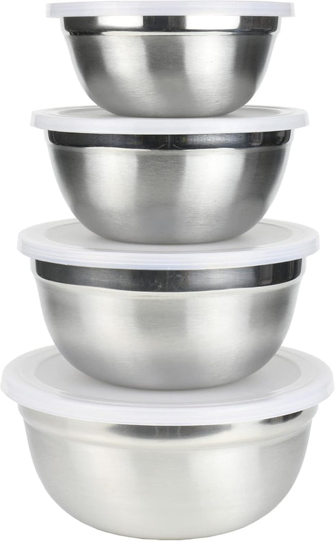 Chef Craft Select Prep Bowl Set with Lid, 0.75 qt, 1 qt, 1.5 qt, and 2 qt, Stainless Steel